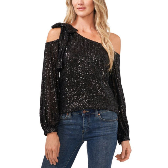CeCe Tops - CECE Women's Black Long Sleeve Sequin Bow Detail One-Shoulder Top NWT